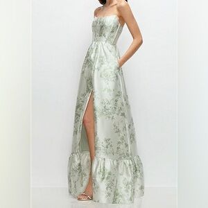 Dessy Collection Sage Floral Cottage Rose Corset Formal Bridesmaid Prom Dress